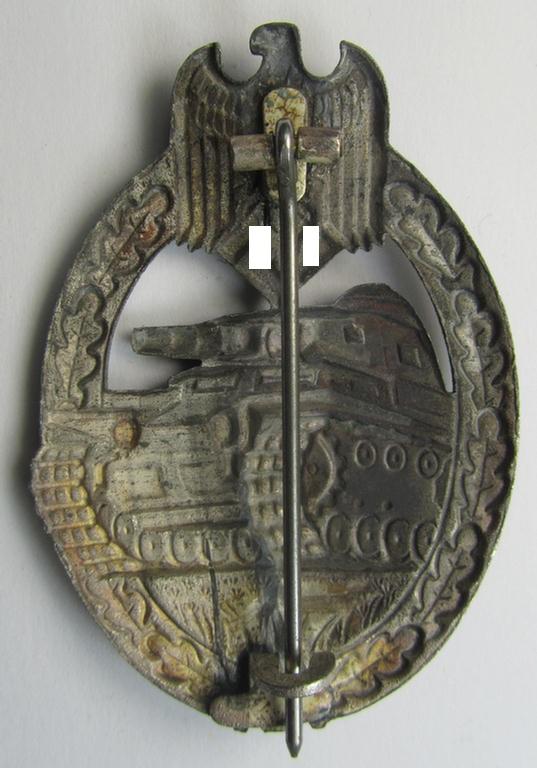 'Panzerkampfabzeichen in Silber' (or: silver-class panzer-assault badge or PAB) being a hollow-type, non-maker-marked- and/or zinc- (ie. 'Feinzink'-) based specimen as was procuced by the: 'Gebr. Wegerhoff'-company