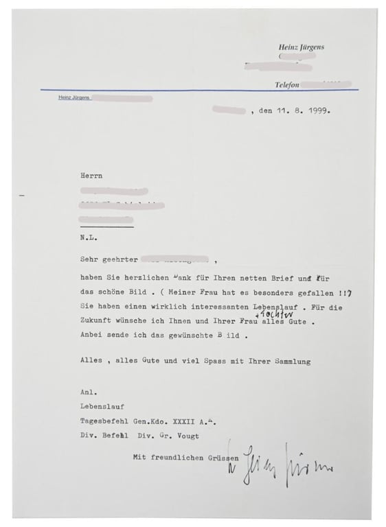 Signature of Waffen-SS KC Recipient 'Heinz Jürgens'