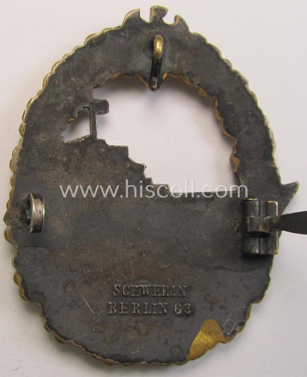 Attractive - albeit moderately worn! - WH (Kriegsmarine) 'Zerstörerkriegsabzeichen' being a maker-marked example as executed in typical 'Buntmetall' as was produced by the desirable maker (ie. 'Hersteller'): 'Schwerin - Berlin'
