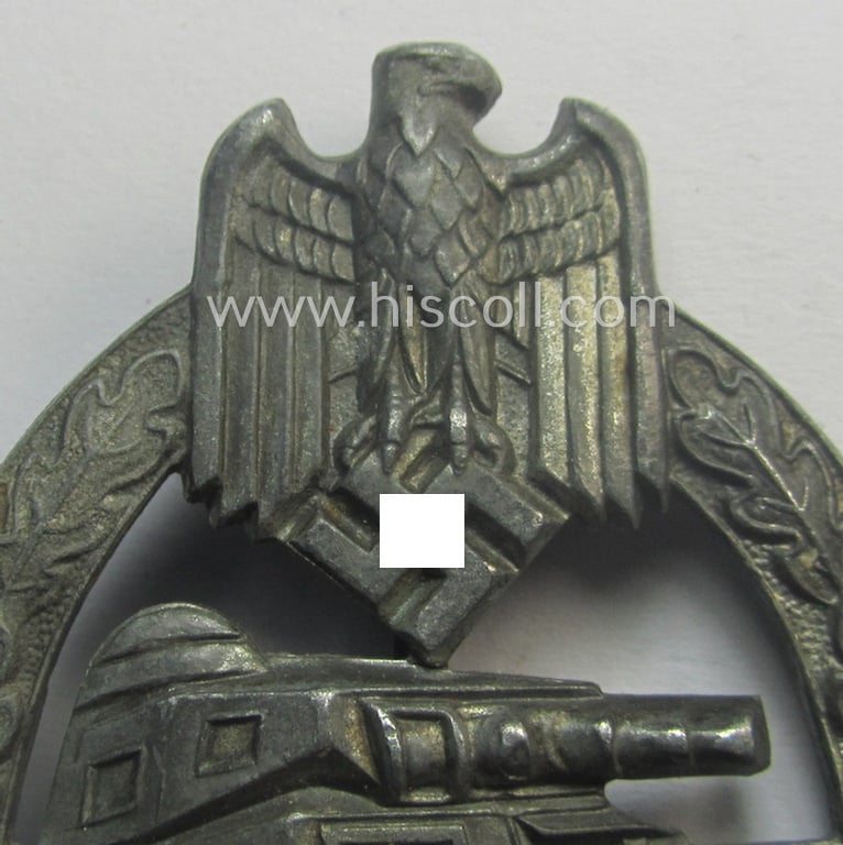 'Panzerkampfabzeichen in Silber' being a neatly maker- (ie. 'HA'-) marked- and/or typical zinc- (ie. 'Feinzink'-) based specimen as was produced by the desirable 'Hersteller' (ie. maker): 'Hermann Aurich'