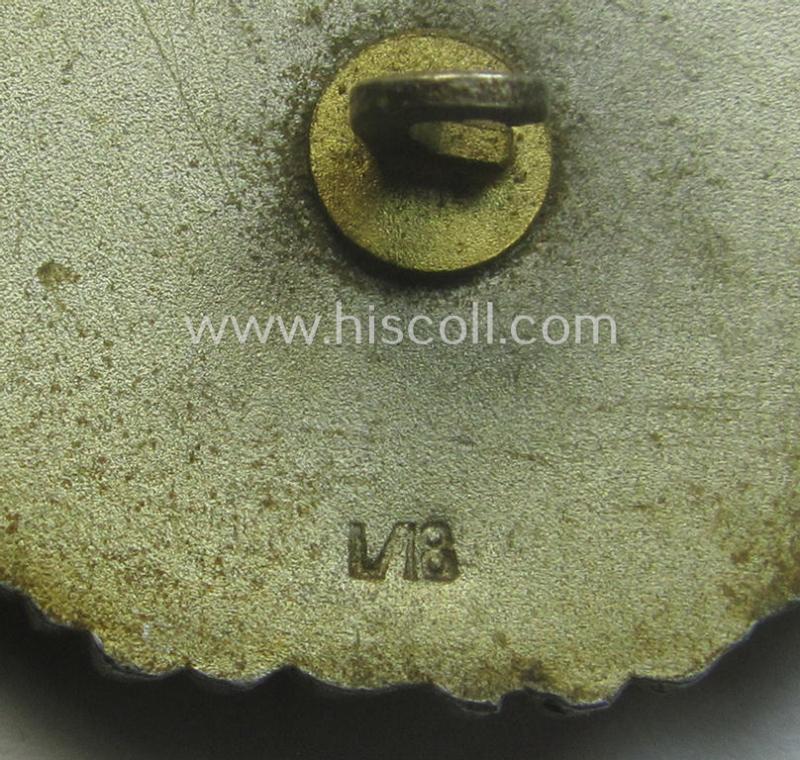 Scarcely found, WH (Kriegsmarine) 'Zerstörerkriegsabzeichen' being a clearly maker- (ie. 'L/18'-) marked example as executed in 'Feinzink' as was produced by the desirable maker (ie. 'Hersteller'): 'B.H. Mayer's Kunstprägeanstalt'
