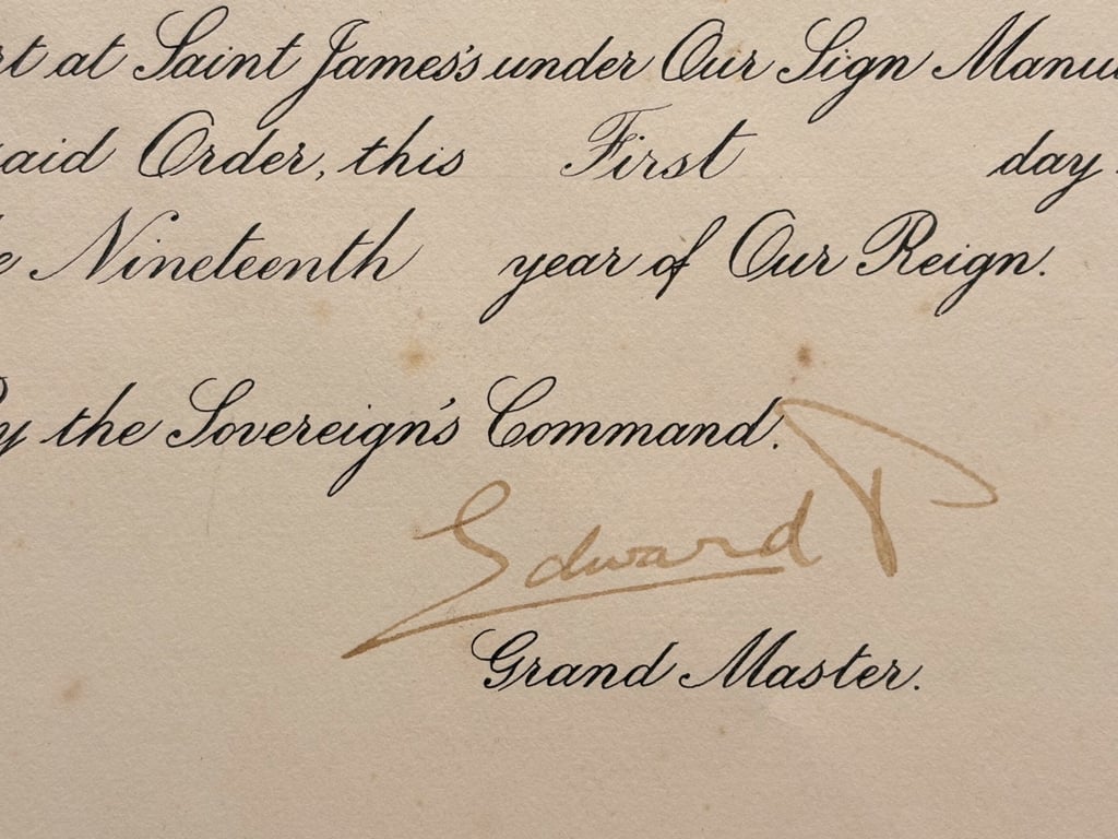 RARE ORIGINAL OBE CITATION HAND SIGNED BY HRH PRINCE EDWARD &PRINCE ALBERT.