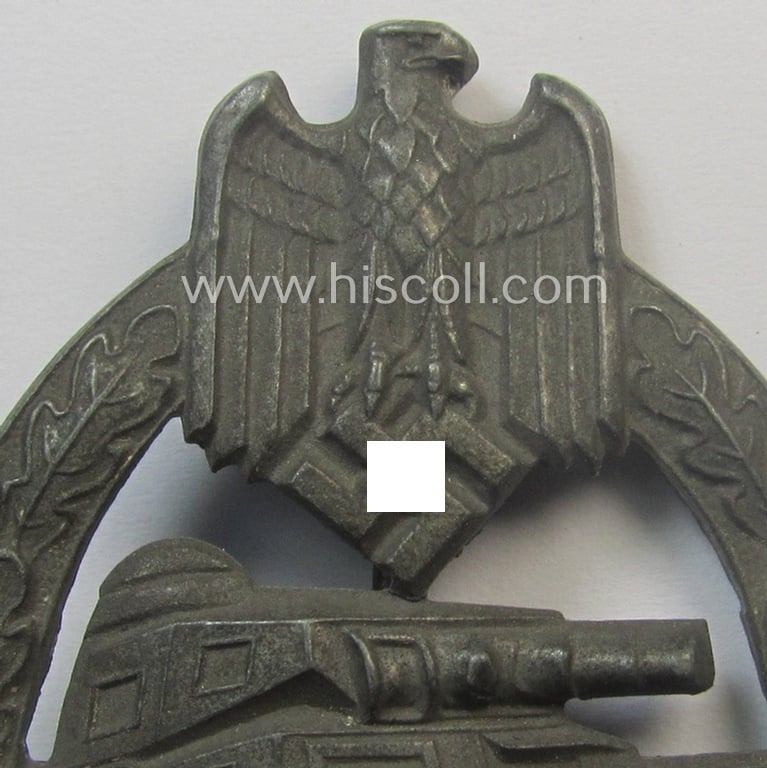 'Panzerkampfabzeichen in Silber' being a neatly maker- (ie. 'HA'-) marked- and/or typical zinc- (ie. 'Feinzink'-) based specimen as was produced by the desirable 'Hersteller' (ie. maker): 'Hermann Aurich'