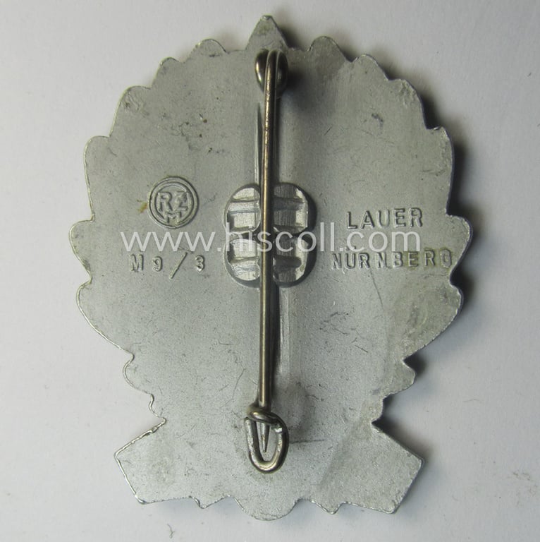 SA- (ie. 'Sturmabteilungen'-) related 'tinnie', being a maker- (ie. 'RzM M9/3' and/or: 'Lauer - Nürnberg'-) marked example depicting an SA-sports'-badge and SA-logo surrounded by the text: 'SA-Gruppenwettkämpfe - Gruppe Hochland - 1938'