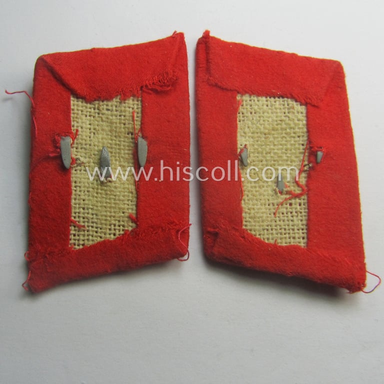 Truly worn - and matching! - pair of WH (Luftwaffe) bright-red-coloured, EM- (ie. NCO-) type collar-patches (ie. 'Kragenspiegel') as was intended for usage by a member within a: 'Flak-Artillerie'-regiment ie. unit
