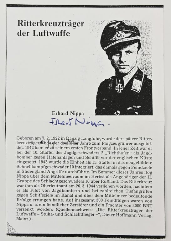 Signature of Luftwaffe KC Recipient 'Erhard Nippa'