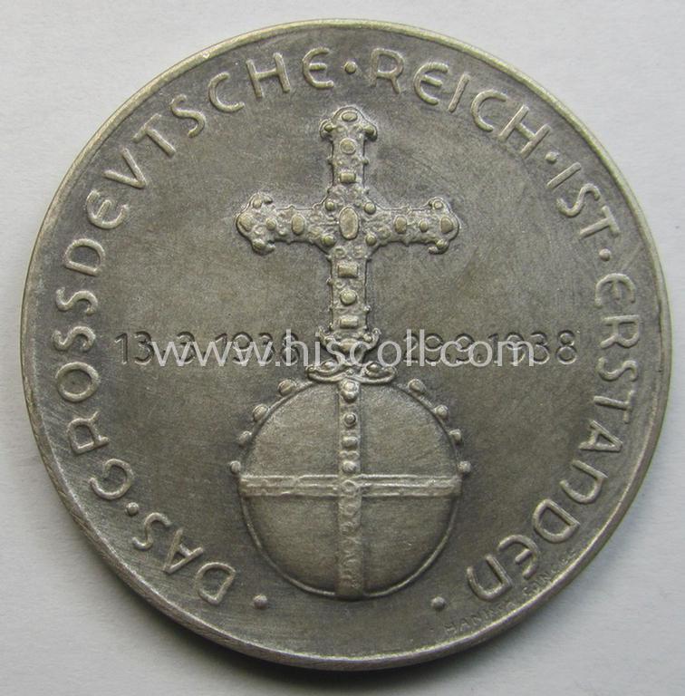Attractive, TR-period, commemorative-plaque (ie. 'Erinnerungs- o. nichttragbare Medaille') showing a portrait of AH and bearing the text: 'Der einer und Führer aller Deutschen - Das Grossdeutsche Reich ist erstanden - 13.-3 - 29.-9-1938'