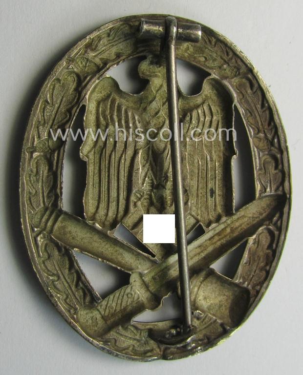Attractive - and moderately used- ie. worn! - 'Allgemeines Sturmabzeichen' (or: General Assault Badge ie. GAB) being a (typical) unmarked 'Buntmetall'-based and/or scarcely seen 'hollow-back'-version as produced by the: 'Otto Schickle'-compan...