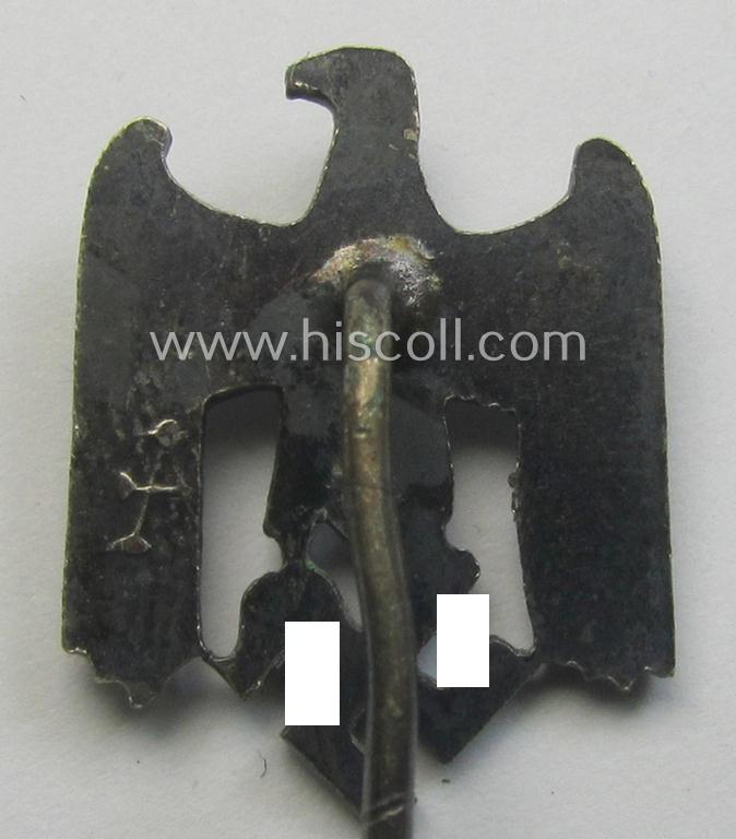Silver-toned- (and: 'Buntmetall'-based) WH (Heeres) so-called: 'Zivilabzeichen' (or: army civil-attire badge) being a very detailed (and: 'A'- ie. 'Assmann & Söhne'-marked) example that comes mounted onto its long-sized pin