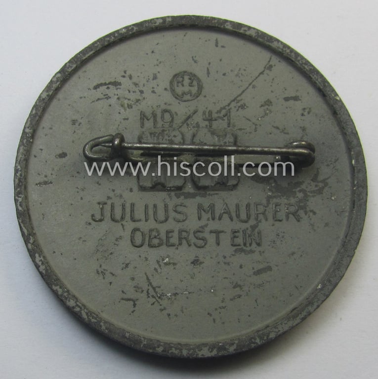 N.S.D.A.P.-related 'tinnie' (ie. 'Tagungs- o. Veranstaltungsabzeichen') being a neatly maker- (ie. 'Julius Maurer'- and/or: 'RzM'-) marked example showing the text: 'Reichsparteitag 1939'