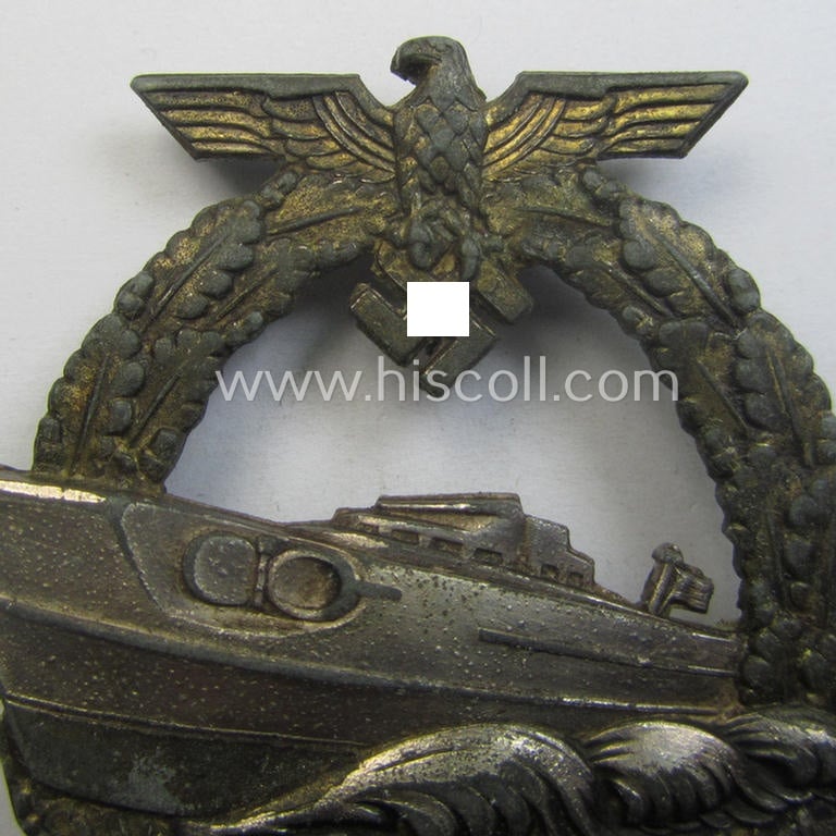 Superb, WH (Kriegsmarine) so-called: 'Kriegsabzeichen für Schnellboote - 2. Modell' (or: E-boat-war-badge of the 2nd model) being a maker- (ie. 'Fec. W.E. Peekhaus'-) marked example as was produced by the: 'Schwerin'-company