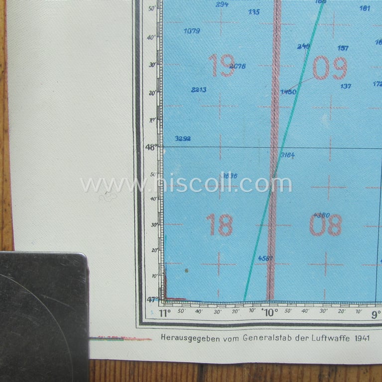 Very interesting, specific WH (Luftwaffe) linnen-based, navigation flight-map (ie. 'Luft-Navigationskarte in Merkatorprojektion') depicting the UK, Ireland, Northern France, Belgium and the Netherlands, dated '1941'
