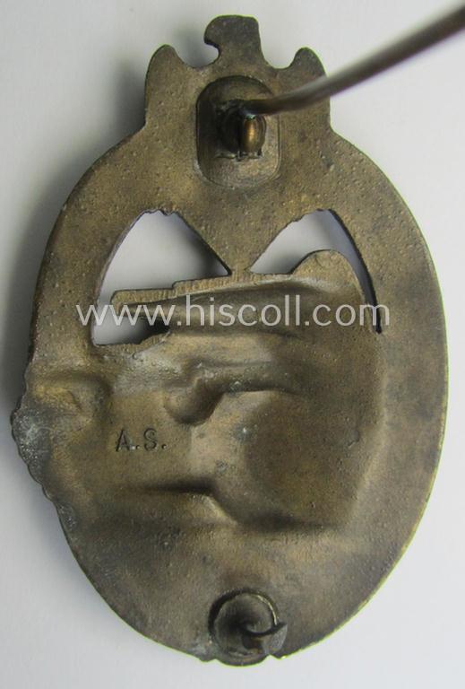 'Panzerkampfabzeichen in Bronze' (or: bronze-class panzer-assault badge or PAB) being a clearly maker- (ie. 'AS'-) marked- and/or zinc- (ie. 'Feinzink'-) based specimen, as was procuced by the: 'Adolf Scholze'- (ie. 'A.S.'-) company