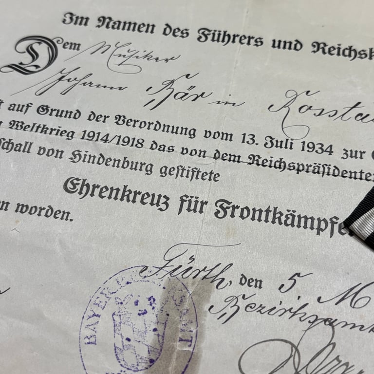 WWI Hindenburg Cross + citation
