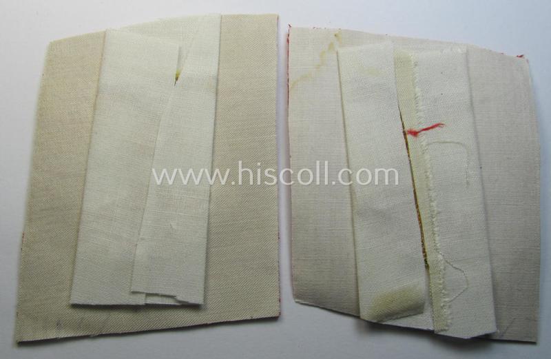 Interesting - and matching! - pair of N.S.D.A.P.-type collar-patches (ie. 'Kragenspiegel für pol. Leiter') being a pair of so-called: 'Halbfabrikate' as was intended for an official at 'Gau'-level and that comes in a clearly unfinished conditio...