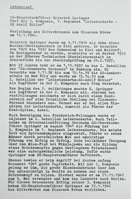 Signature of Waffen-SS KC Recipient 'Heinrich Springer'