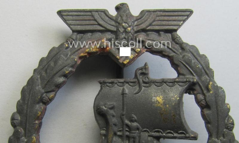 WH (KM) 'Hilfskreuzer-Kriegsabzeichen' (or: auxiliary-cruiser war-badge) being a typical, maker- (ie. 'R.S.'-) marked- and/or: 'Feinzink'-based example as was produced by the: 'Rudolf Souval'-company