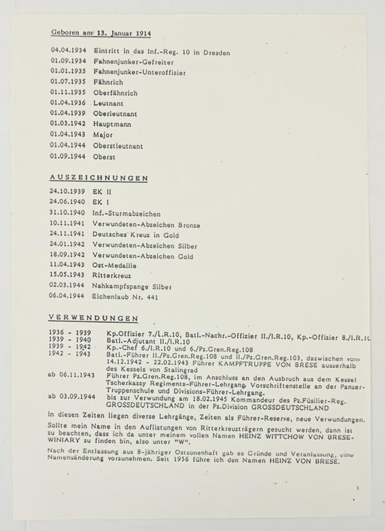 Signature of Wehrmacht KC-OLC Recipient (Heinz Wittchow von Brese-Winiary)