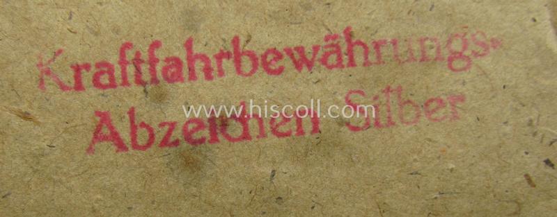 Attractive, WH (Heeres-, LW- ie. Waffen-SS-) so-called: 'Kraftfahrbewährungs-Abzeichen in Silber' being a 'virtually mint' example as was produced by the: 'Rudolf Souval'-company and that came stored in its 'Zellstoff'-based pouch