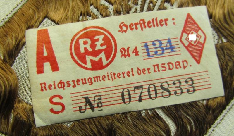 Attractive, HJ- (ie. 'Hitlerjugend') 'Leistungsabzeichen in Bronze' (or: bronze-class youth sports'-badge) as executed in the: 'BeVo'-weave pattern that still retains its period-attached 'RzM'-etiket