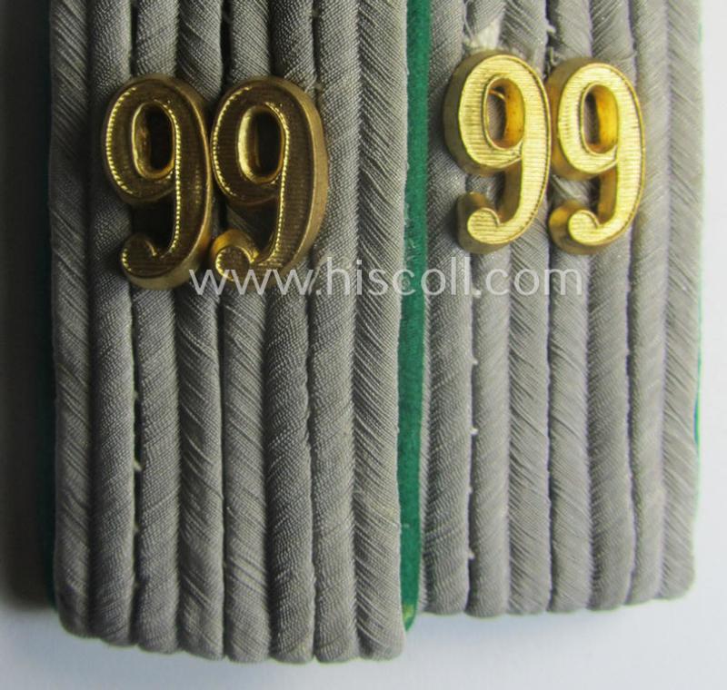 Pair of WH (Heeres) neatly 'cyphered', officers'-type shoulderboards as piped in the darker-green-coloured branchcolour as was intended for usage by an: 'Leutnant des Gebirgsjäger Rgts. 99'