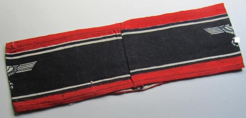 Superb, typically printed- and/or later-war-period, bright-red- and/or black-coloured so-called: 'Deutscher Volkssturm'-armband (ie. 'Armbinde') that comes in an overall very nice- (I deem hardly used- nor worn- ie. 'virtually mint'-), conditio...