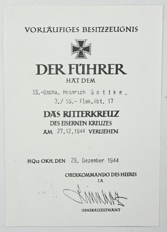 Signature of Waffen-SS KC Recipient Heinrich Gottke