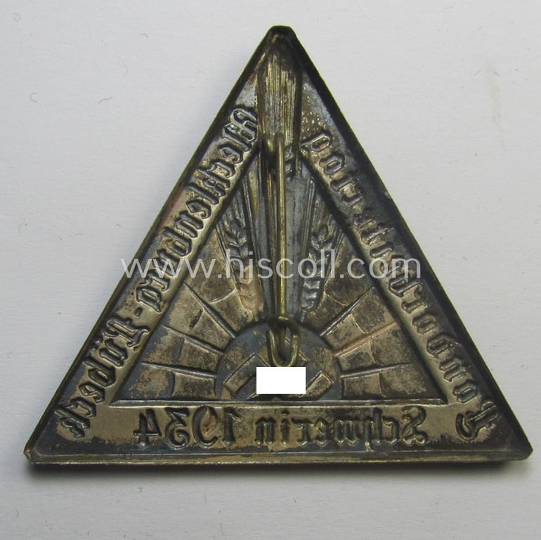 Unusually seen - early-period and silver-toned! - N.S.D.A.P.-related day-badge (ie. 'tinnie') as issued to commemorate a specific meeting entitled: 'Landarbeitertag Mecklenburg-Lübeck - Schwerin 1934'