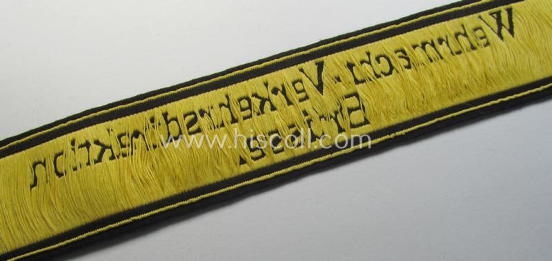 Attractive, 'DRB' (ie. 'Deutsche Reichsbahn') cuff-title (ie. 'Armbinde') as executed in 'BeVo'-weave-pattern entitled: 'Wehrmacht-Verkehrsdirektion Brüssel' (being a presuambly never worn example that comes in a 'virtually mint' conditio...