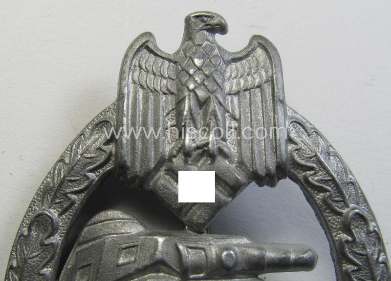 Superb, 'hollow-back' 'Panzerkampfabzeichen in Silber' (or: silver-class panzer-assault badge or PAB) being a clearly maker- (ie. 'A'-) marked- and/or typical zinc- (ie. 'Feinzink'-) based specimen as was procuced by the: 'Assmann'-company