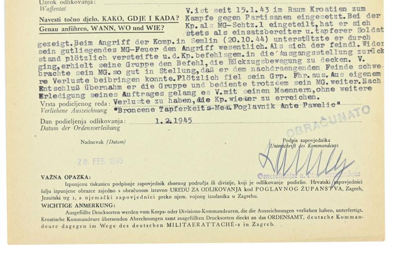 Croatian/German WW2 Bronze Bravery Medal Certificate 'Heinrich Vittinghoff'