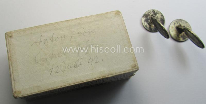 Unusually found - and actually rarely seen! - pair of neatly enamelled so-called: 'Machetenknöpfe' (ie. cuff-links) being attractive examples (and that come stored in their period carton-based etui)