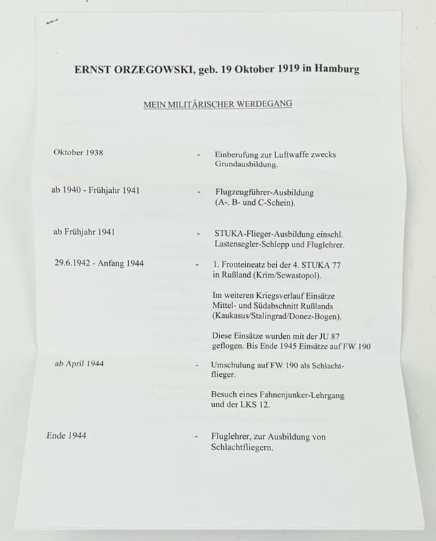 Signature of Luftwaffe KC Recipient 'Ernst Orzegowski'