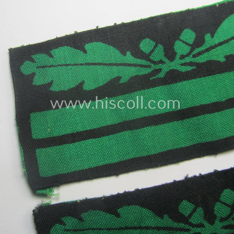 Moderately used - and fully matching! - pair of officers'-pattern, WH (Heeres o. Waffen-SS) rank-insignia-bars (for usage on the camouflaged-uniforms) as used by an officer holding the rank of: 'Oberleutnant' (ie.: 'SS-Obersturmführer')