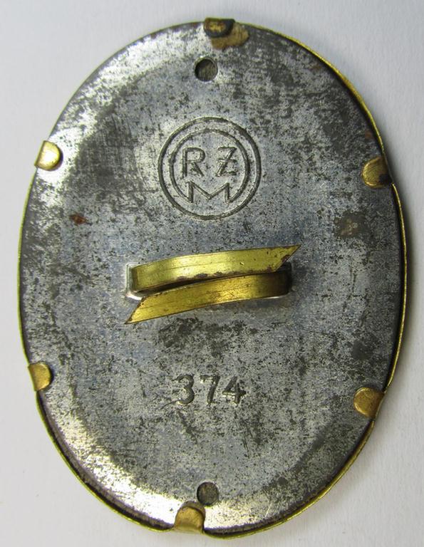 Yellowish-golden-toned- and/or partly machine-embroidered- (ie. 'BeVo'-woven-) so-called: 'DAF' (ie. 'Deutsche Arbeitsfront') cap-badge being an example that is neatly 'RzM 374'-marked on its back