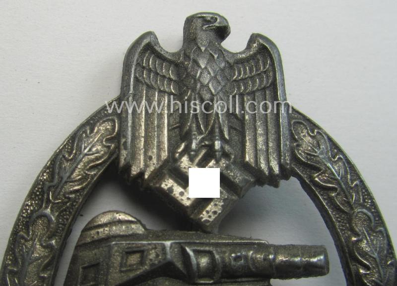 'Panzerkampfabzeichen in Silber' being a neatly maker- (ie. 'HA'-) marked- and/or typical zinc- (ie. 'Feinzink'-) based specimen as was produced by the desirable 'Hersteller' (ie. maker): 'Hermann Aurich'