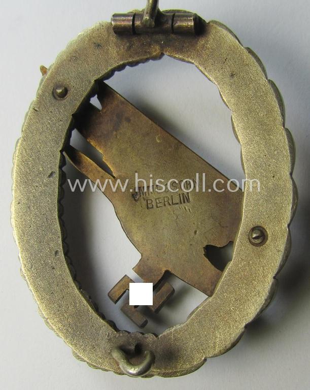 Stunning - and I deem fairly early-war-period! - WH (Luftwaffe) 'Fallschirmschützen-Abzeichen' (or: paratroopers-badge) being a maker- (ie. 'Imme & Sohn'-) marked- and/or: typical 'Tombak'- (ie. 'Buntmetall'-) based example