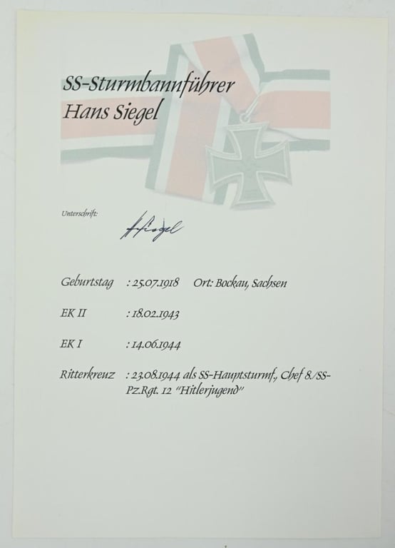 Signature of Waffen-SS KC Recipient 'Hans Siegel'