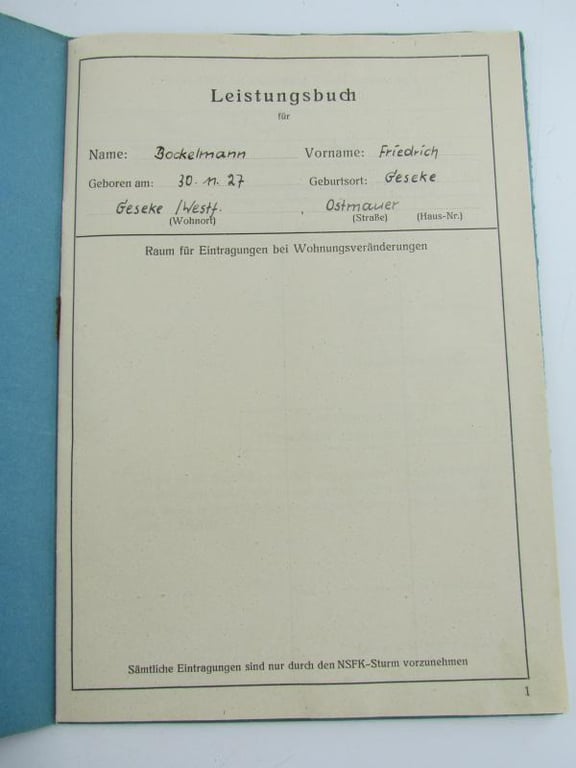 NSFK Nat.Soc. Air Corps Service Book Named