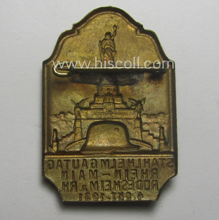 Very early-period, commemorative, 'Nat.Soz. Deutscher Frontkämpferbund Stahlhelm'- (or: 'N.S.D.F.B.St.'-) related 'tinnie': 'Stahlhelm Gautag Rhein-Main - Rüdesheim a. Rh. - 4. Okt. 1931'