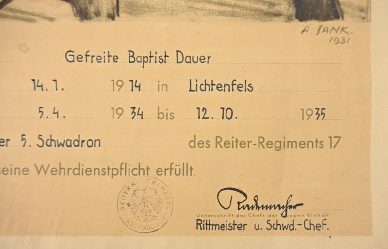 German Reichswehr Cavalry Certificate 1935