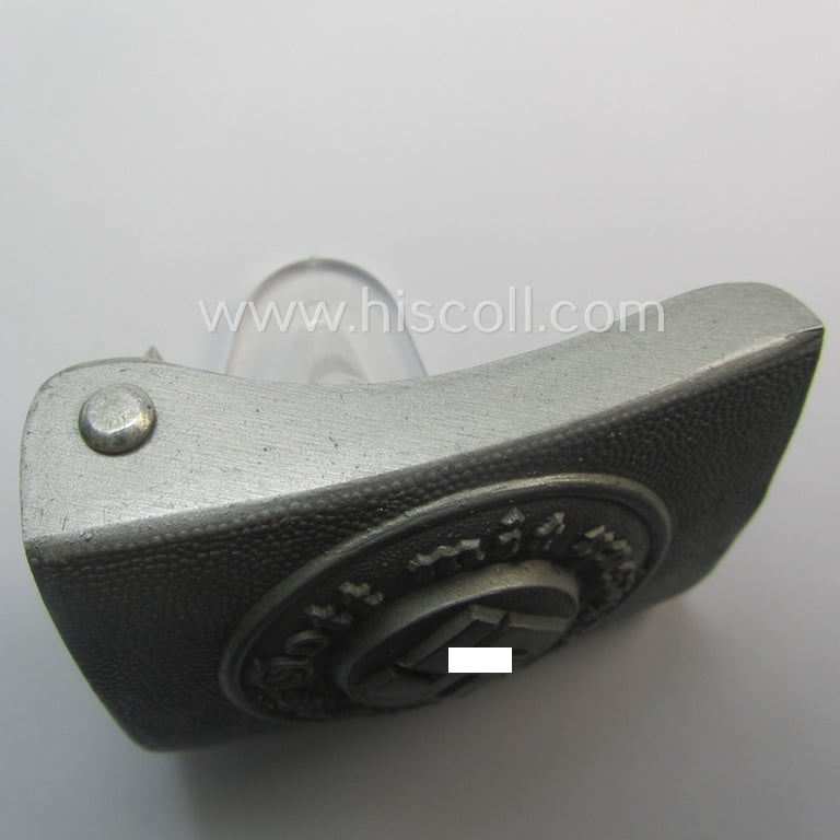 Police- (ie. 'Polizei') 'standard'-pattern, silver-toned- and (molded) zinc-based belt-buckle (ie. 'Koppelschloss für Mannschaften u. Uffz. der Polizei') being a non-maker-marked example