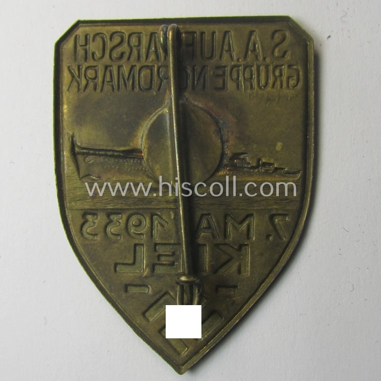 Neat - and scarcely encountered! - SA- (ie. 'Sturmabteilungen'-) related 'tinnie' being a non-maker-marked example showing a battle-ship and text: 'S.A. Aufmarsch Gruppe Nordmark - 7. Mai 1933 - Kiel'