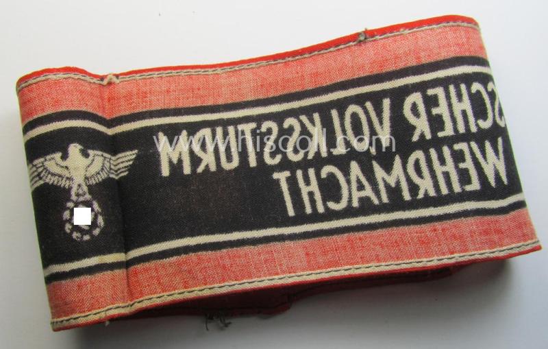 Superb, typically printed- and/or later-war-period, bright-red- and/or black-coloured so-called: 'Deutscher Volkssturm'-armband (ie. 'Armbinde') that comes in an overall very nice- (I deem truly used- and/or worn-), condition