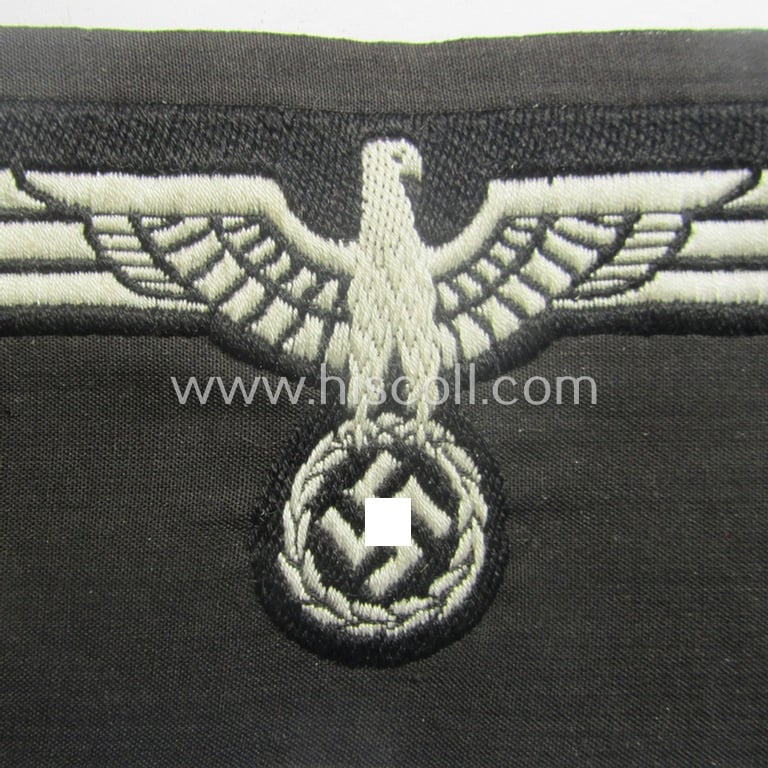 WH (Heeres) early- (ie. pre-) war-period- and/or white-coloured 'Panzer'-type breast-eagle of the so-called: 'M35'- (ie.'M36'-) pattern as was executed in the neat 'BeVo'-weave pattern on a black-coloured background