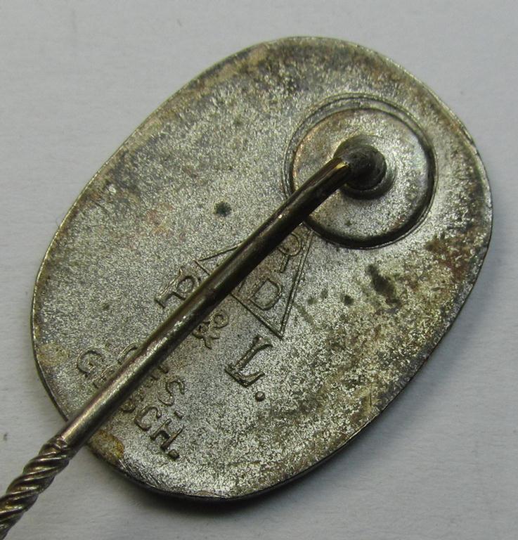 Neat, multi-coloured-enamelled lapel-pin (aka: 'RAD-Erinnerungsnadel') being a neatly maker- (ie. 'P.& L.'-) marked example that shows a: 'Ges.Gesch.'-marking as was intended for the: 'Reichsarbeitsdienst der Männer (RAD/M)'