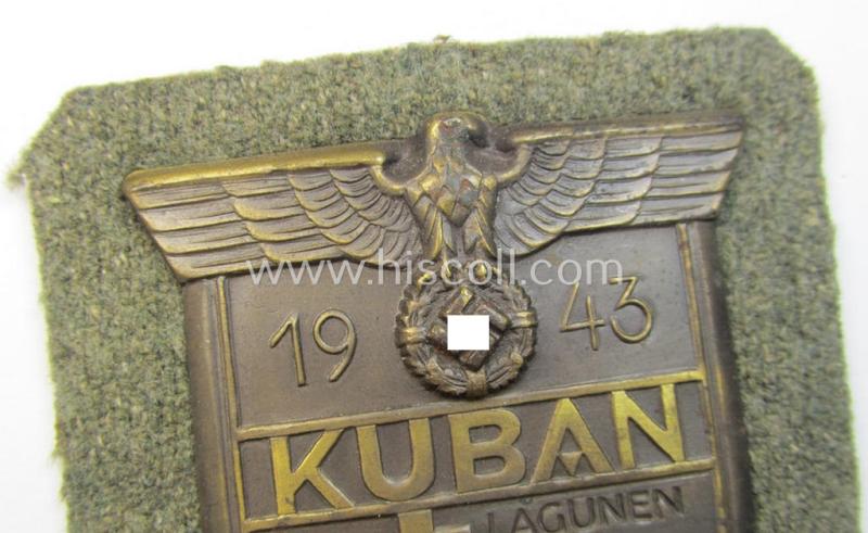 Very attractive - and actually scarcely encountered! - WH (Heeres ie. Waffen-SS) 'Kuban'-campaign-shield that comes mounted onto its original field-grey-coloured- and/or woolen-based 'backing'