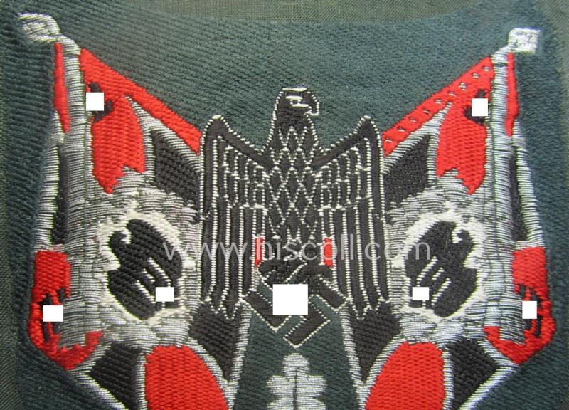 WH (Heeres), flat-wire- (ie. 'BeVo'-) woven 'Ärmelabzeichen für Fahnenträger des Heeres' as was intended for a soldier (ie. NCO) who served within a: '(Sturm)Artillerie'-unit