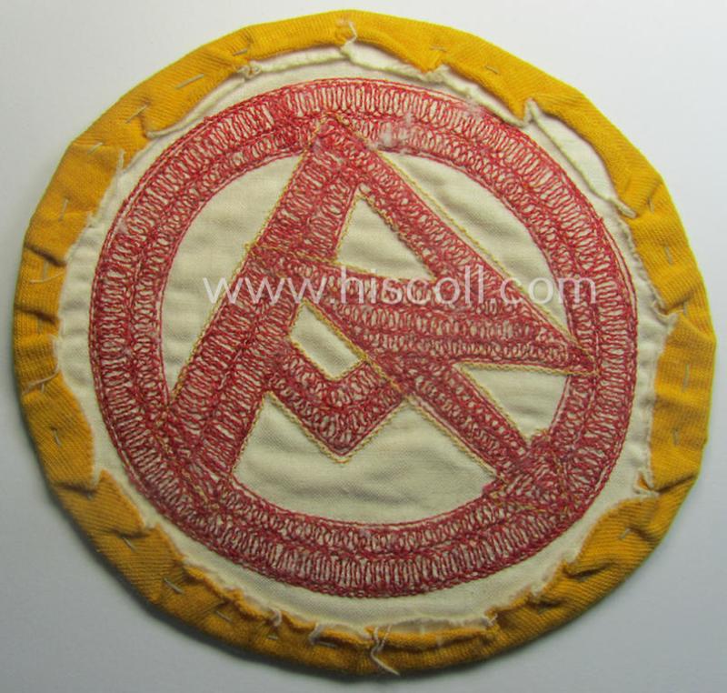 Unusual - larger-sized, bright-red-coloured and golden-yellow 'backed' - SA- (or: 'Sturmabteilungen') sports-shirt-patch being a nicely preserved (and tunic-removed!) example as executed in so-called: 'Kurbelstickerei'