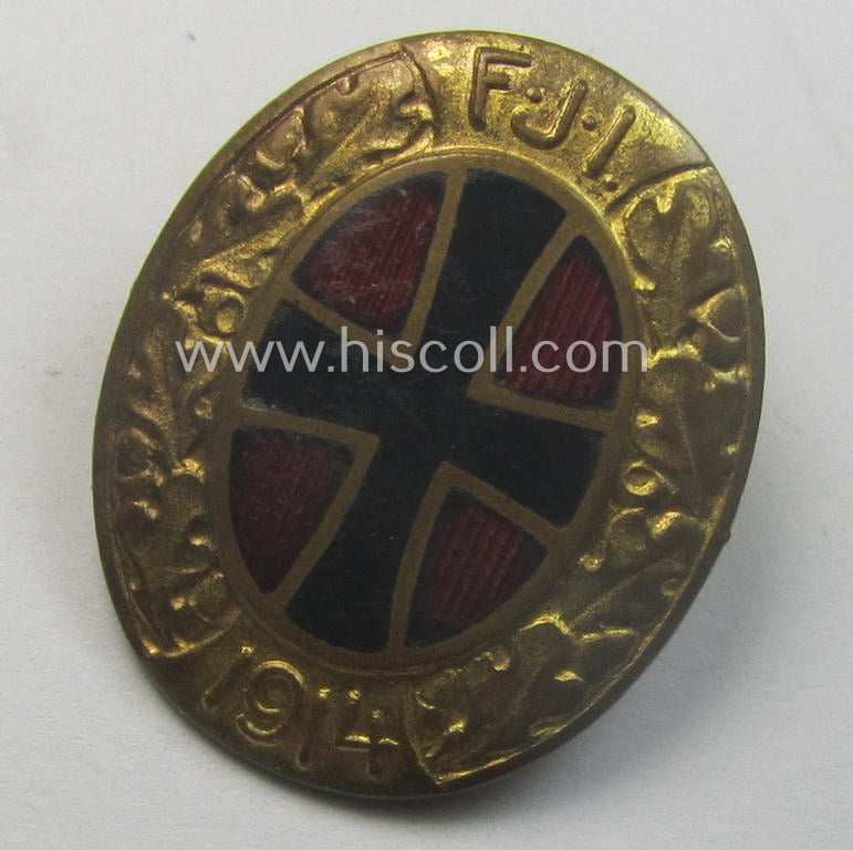 Unusual, Austrian/Hungarian-related, patriotic 'Franz Joseph I' commemorative supporter-lapel-pin entitled: 'F.J.I.' and year-designation: 1914 (being oval-shaped, non-maker-marked and neatly enamelled specimen)